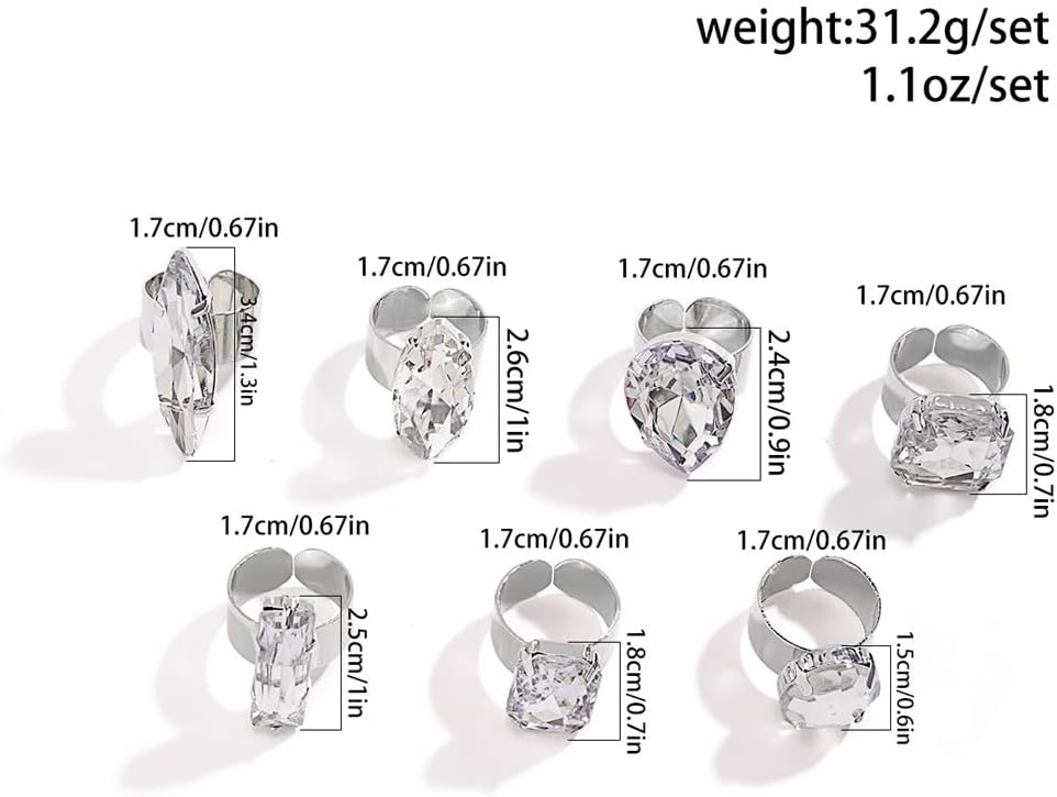Chunky 7Pcs Silver Crystal Knuckle Rings Set Geometric Rhinestone Waterdrop Open Rings Stackable CZ Circle Square Finger Rings Jewelry Set for Women - Image 3