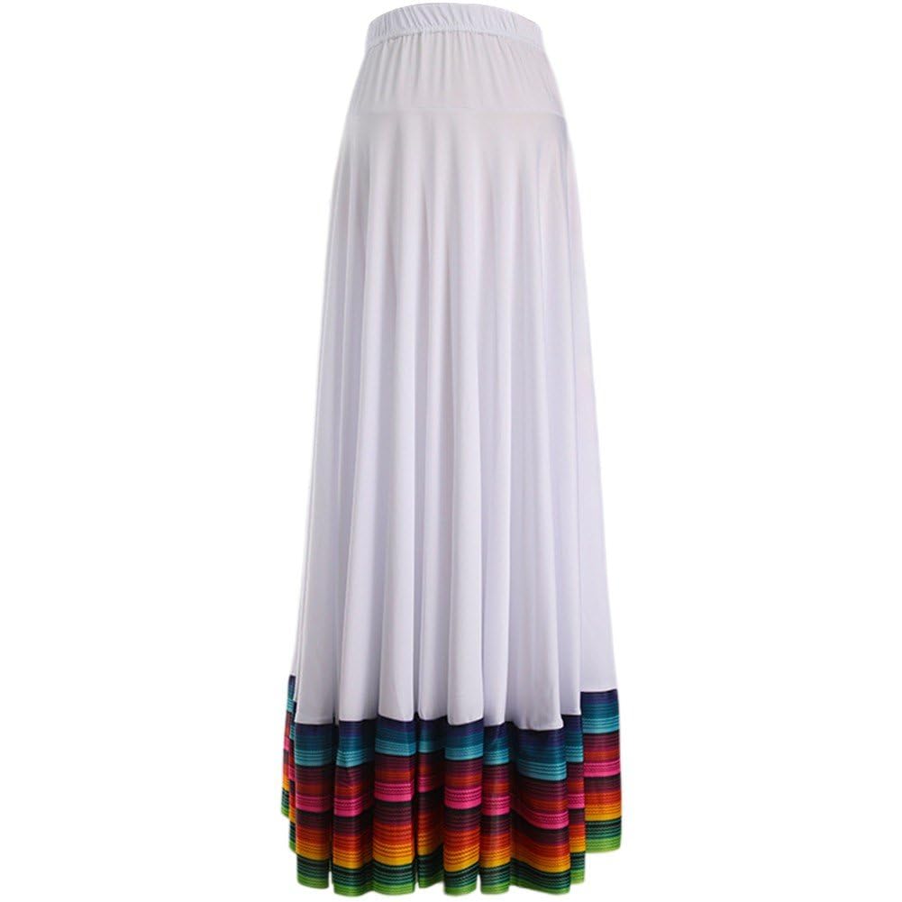 Casiler Women's White Mexican Folklorico Dance Skirts Colorful Big Swing Long Skirts Spanish Flamenco Performance Costume Dancewear For