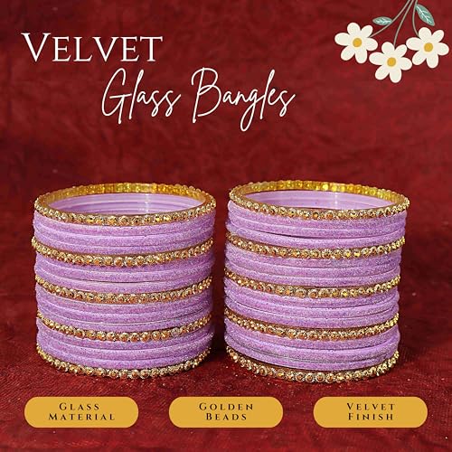 Image of NMII Premium Glass & Golden Beads Velvet Bangle Set For Women and Girls | Velvet Chudi | Traditional Chudi Set | Designer Girl's Bangles Bracelet | Wedding, Party, Festive, Daily- Set of 34