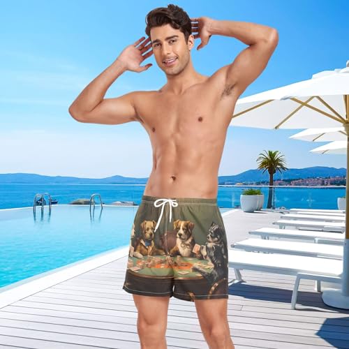 Mens Swim Trunks with Liner, Poker Dogs Funny Cool Quick Dry Beach Swim Shorts, Swimwear Bathing Suits S4