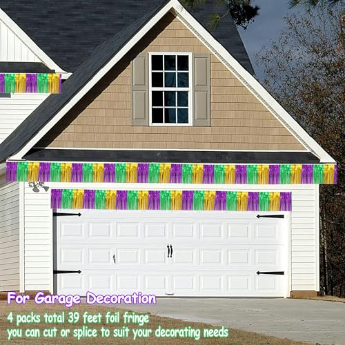 Image of 4 Packs Total 39 Ft Mardi Gras Parade Floats for Trailer Car, Green Gold Purple Foil Fringe Garland Tinsel Streamers Banner Table Skirts for Halloween Graduation Homecoming Birthday Party Decor