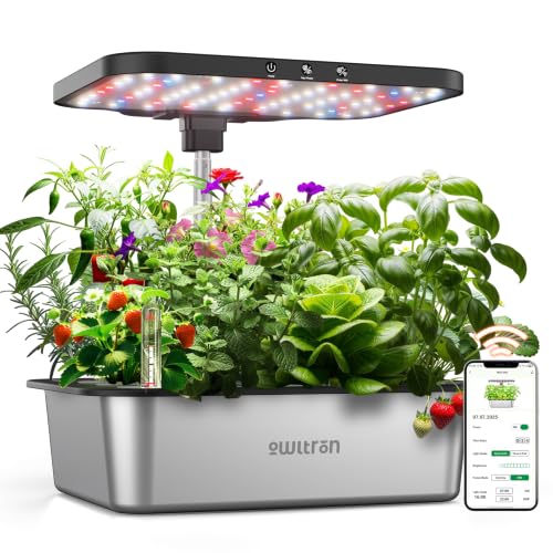 owltron Smart Hydroponics Growing System Kit,15 Pods Indoor Herb Garden with 36W LED Grow Light & APP Control, Planting Height Up to 30', Quiet Water Pump, Ideal Gift for All Ages Dark Silver