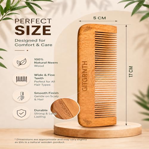 Image of GITGRNTH Natural Neem Wood Comb Set of 2 for Women & Men, Handcrafted Anti Static Wooden Hair Comb for Hair Detangling, Eco Friendly Fine Neem Wood Comb for Frizz Control & Hair Breakage Prevention