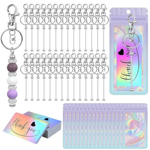 Image of 42 /84 /126 Pcs Beadable Keychain Bars Bulk Blank DIY Beaded Keychain Making Supplies with Bag Thank You Card