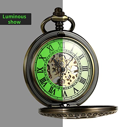 Reloj de bolsillo esquelético TREEWETO mecánico y luminoso con cadena de color bronce para hombre 2