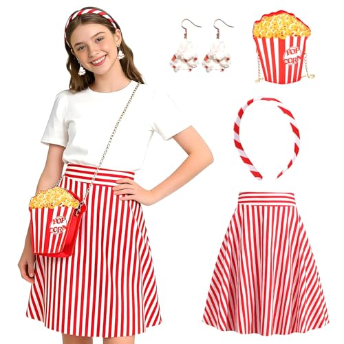 PANMAY Popcorn Kostüm, 4PCS Vintage Kellner Kostüm im 50er Jahre Stil, Rot-Weiß Gestreifte Faltenrock Umhängetasche Ohrringe Haarreif Karneval...