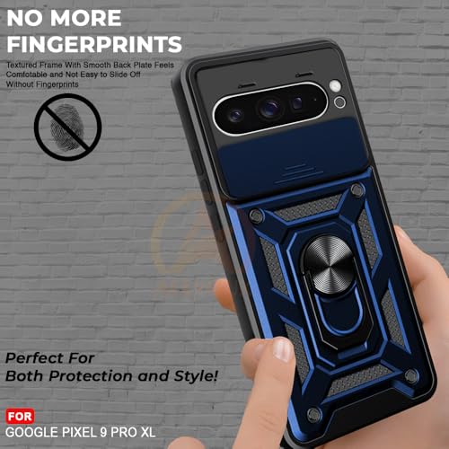 Image of Armor Bumper Back Cover Case for Google Pixel 9 Pro XL Rotating Camera Cover, Ring Holder & Kickstand | Heavy Duty & 360 Degree Protection Google Pixel 9 Pro XL Back Cover (Blue)