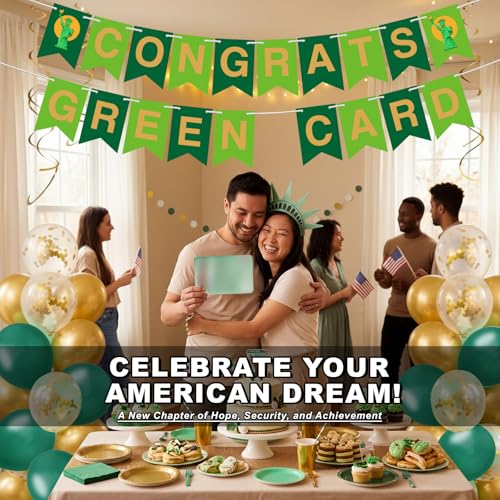 Image of RoundFunny 45 Pcs Green Card Themed Party Decorations Pre-strung Congrats Permanent Resident Banner Green Gold Confetti Balloons and Pom Poms for Immigration Success Celebration