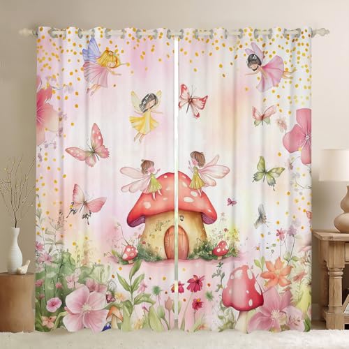 Homewish Rideau Occultant 30%-50% Enfant Fée Fleurie, Rideau Fée Papillon pour Chambre d'enfant de Fille, Rideau Voilage Champignon Floral Coloré, Voilage...