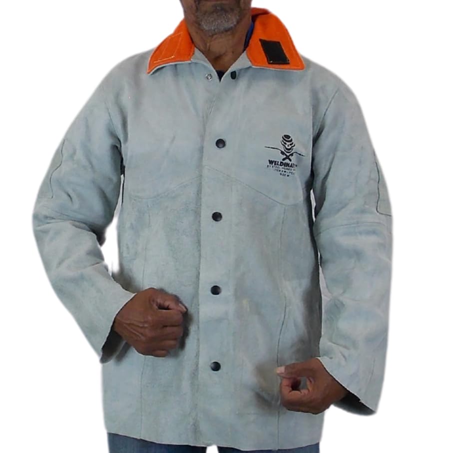 Steel Guard Safety WELDINATOR Leather Welding Jacket for Men Women, Heavy Duty welder jacket, Heat Flame Resistant Welding Coat (Large), Grey