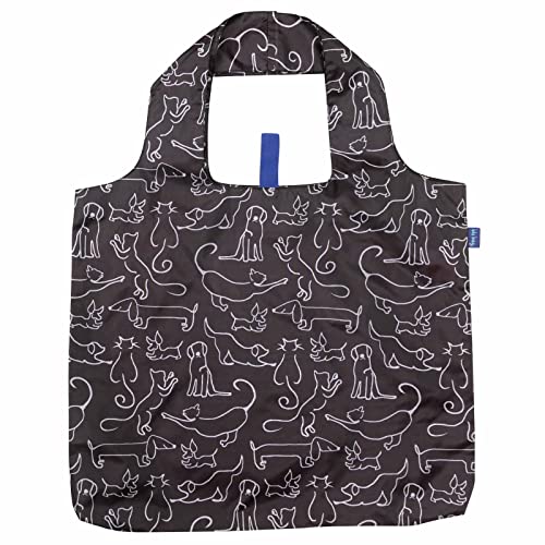 rockflowerpaper Reusable Grocery Bags for Shopping - Dog and Cat - Machine Washable, Foldable, Packable Tote - Large Handles - Heavy Duty and Lightweight - Zippered Top Pouch