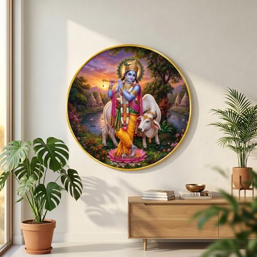 Image of SAF Lord Krishna with Cow Wall Art with PVC Round Frame | Sparkle Laminated Flute Krishna Divine Painting | Spiritual Wall Decor for Home Temple Living Room Office Gift Item