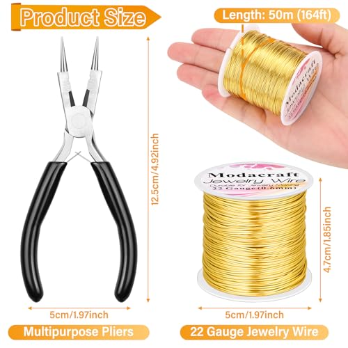 Image of ModaCraft 22 Gauge Tarnish Proof Jewelry Wire Gold (164ft /50m) + 4-in-1 Professional Jewelry Pliers Set | Fade-Resistant Copper Craft Wire for Beading DIY Jewelry Making Supplies Kit