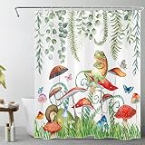 ECOTOB Rustic Botanical Mushroom Shower Curtain, Funny Frog Butterfly and Eucalyptus Leaf Shower Cur