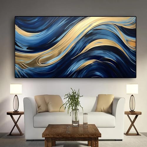 Art mural abstrait bleu et or géométrique pour salon