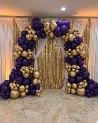 Image of Purple and Gold Balloon Garland Arch Kit - Dark Purple and Metallic Explosion Gold Star Balloons for Birthday Graduation Baby Shower Adults Prom Luxury Violet Royal Party Decorations