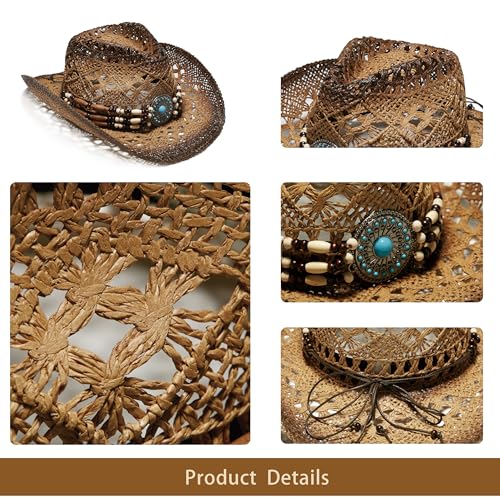 Image of YOUBADU Western Straw Cowboy and Cowgirl Hats with Decorative Bands - Unisex Wide Brim Raffia Style Sun Hat