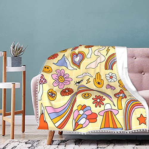 Retro 70S Throw Blanket With Pom Poms Tassel Graphic Decorative Hipster Cool Groovy Warm Bed Blanket Soft Fuzzy Blanket For Couch Sofa(Retro Hipster Cool Groovy,60X50Inch) #TOP2