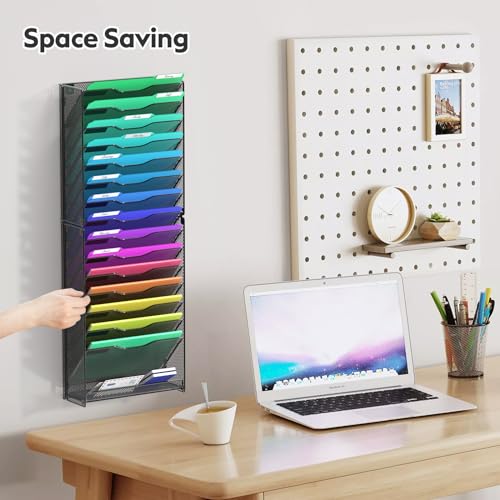 samstar 16 Tier Wall File Organizer Hanging Wall File Holder Wall Mount Paper Folder Organizer, Magazine Rack, Mesh Made,Black - Thumbnail 5