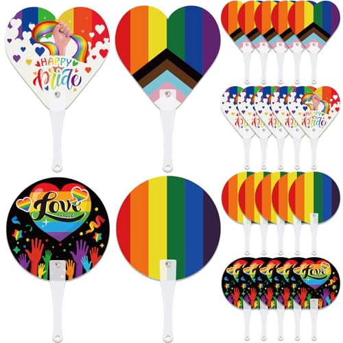 HOWAF 24pcs Pride Rainbow Fans, Love is Love Handheld Fan for Pride Month Parade Supplies, Gay Pride Fan, Love Wins Handheld Fans, Rainbow Stripe Plastic Fans for LGBTQ Party Supplies Photo Props