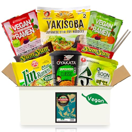 Vegan Nudelstraße Box mit Instant-Nudeln inkl. Essstäbchen - Vegane Gerichte mit Vegan-Label geprüfte E-Nummern - Mix aus 8 Veggie Ramen Nudelsuppen aus Japan Korea Thailand - Vegetarische Food Box