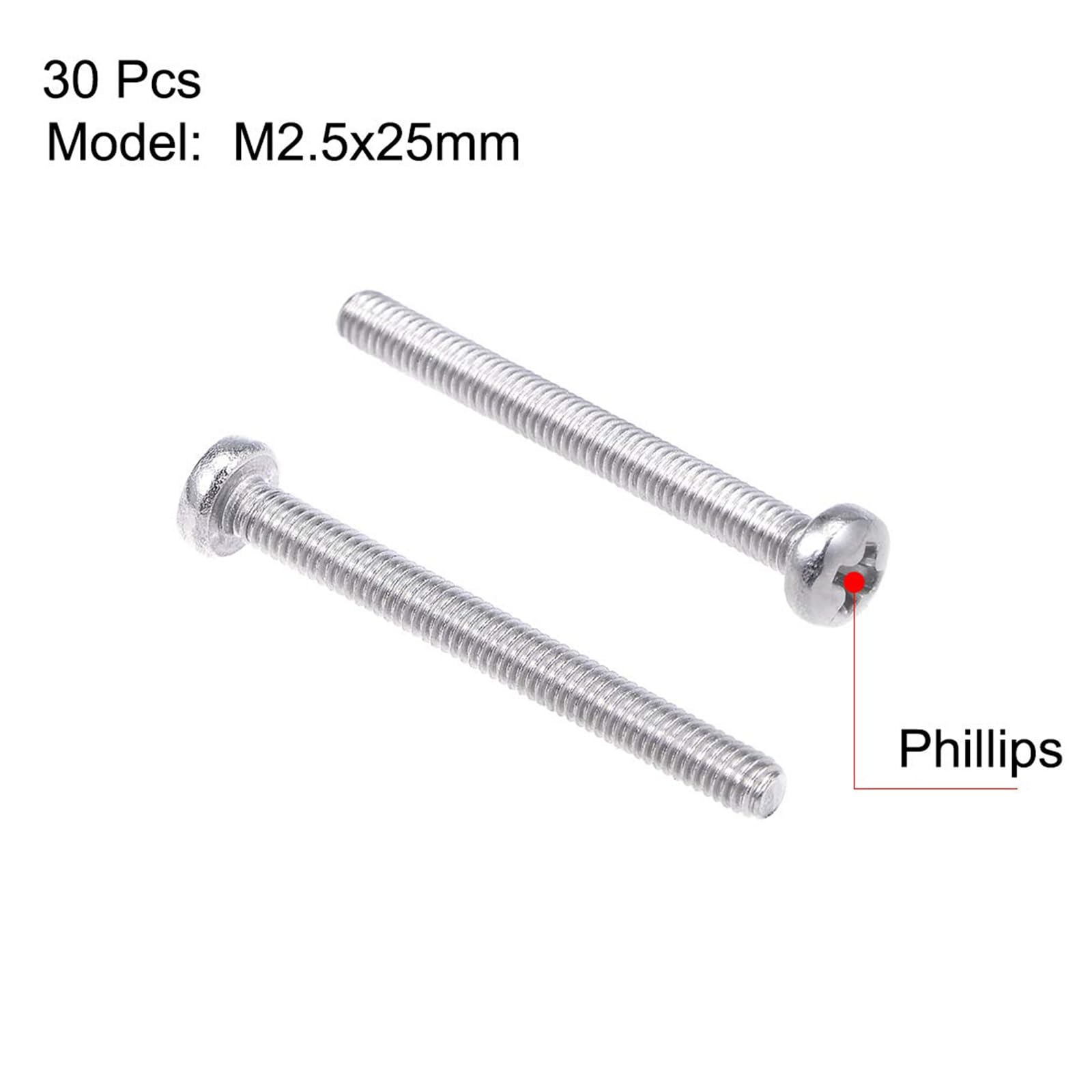 MACHSWON M2.5x25mm Machine Screws Pan Phillips Cross Head Screw 304 Stainless Steel Round Head Cross Screw Fasteners Bolts 30Pcs - Image 3
