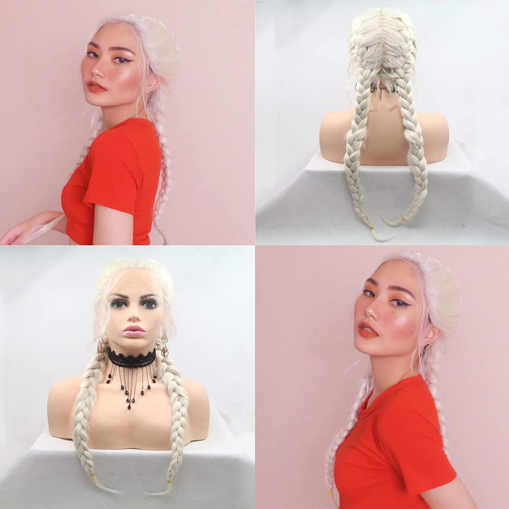 xiweiya Braided Wig Blonde White Double Braids Synthetic Lace Front Wig with Baby Hair Platinum white Heat Resistant Fiber Middle Part for Women Cosplay Makeup 24 Inches - Image 2