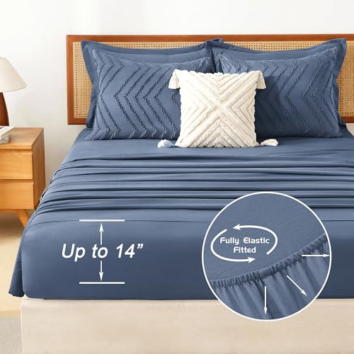 Image of Litanika Queen Size Comforter Set with Sheets Ocean Blue - 7 Pieces Bed in a Bag Queen Chevron Tufted Complete Bedding Sets with Comforter, Sheets, Pillowcases & Shams