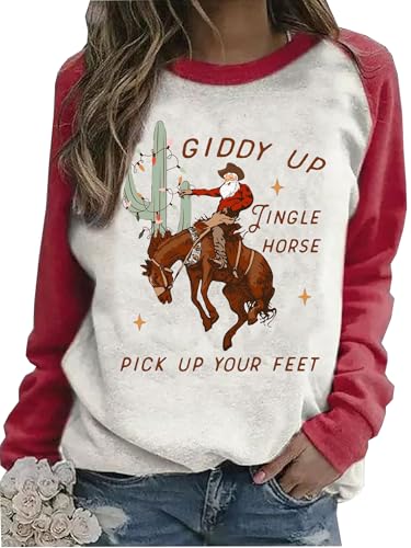 jusgai Cowboy Christmas Sweatshirts Women Giddy Up Jingle Horse Pick Up Your Feet Print Pullover Santa Cactus Country Top(Red, Large)