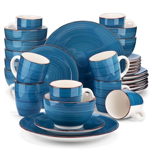 vancasso Serie BELLA Juego de Vajilla 32 Piezas, Vajilla de Cerámica para 8 Personas, Vajilla pintada a mano Completa con 8 Tazas, 8 Cuencos, 8 Platos Llano y 8 Platos de Postre, Azul