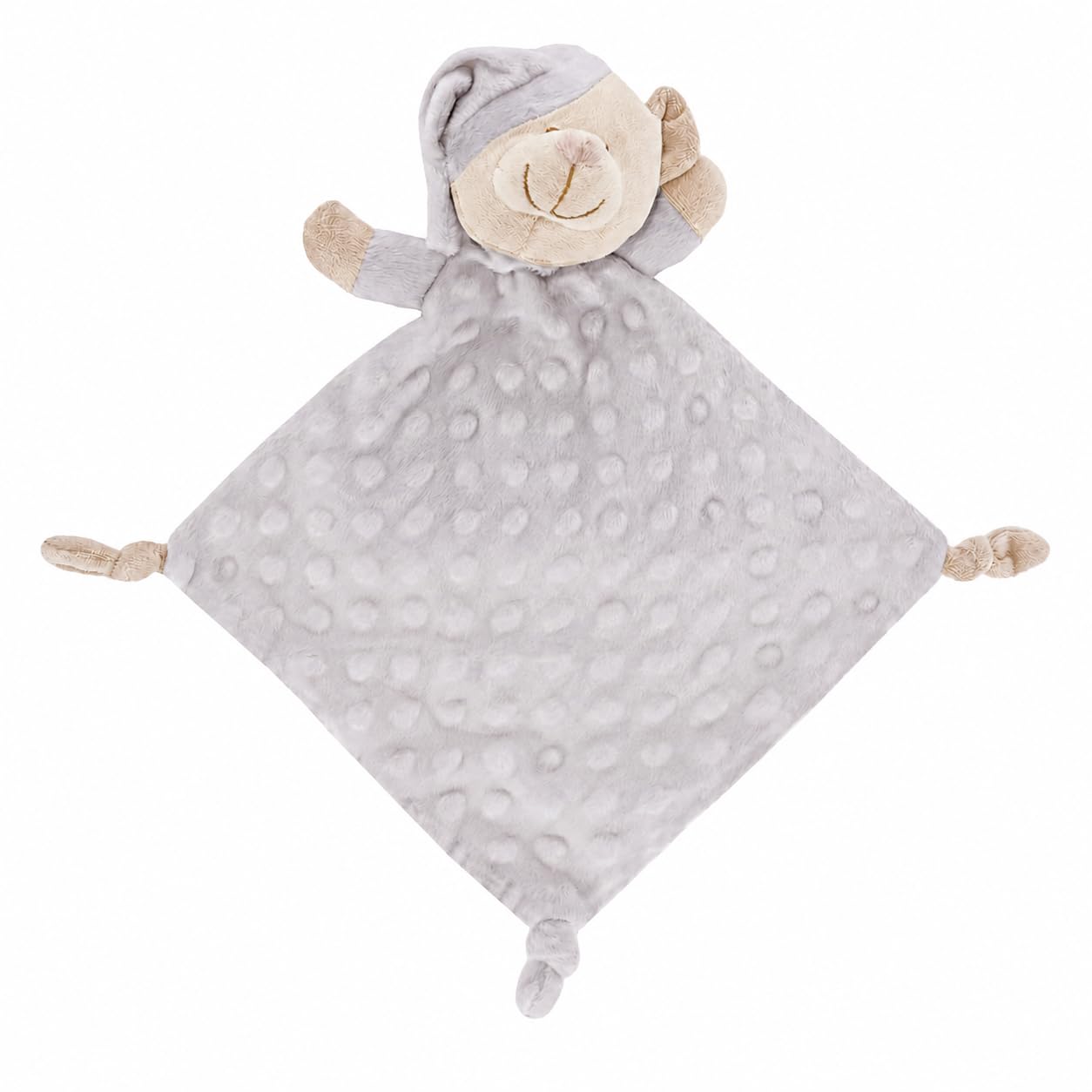 Doudou para Bebé 24 x 24 cm, Manta de Apego con Osito de Peluche Gris | Textura suave con relieve de burbujas y esquinas anudadas. Compacto para carrito, viajes y regalo de nacimiento.
