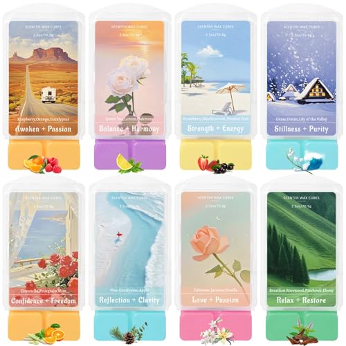 STRN Wax Melts, Energy Healing Scented Soy Wax Cubes for Wax Warmer, 8 Themed Scents Calming Long Lasting Fragrance for Home, Spa, Bedroom, 2.5 OZ x 8 Packs
