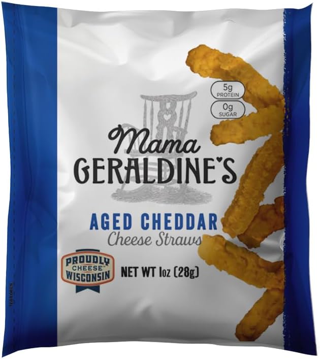 - Mama Geraldine's Aged Cheddar Cheese Straws - Protein Packed, Savory and Flavor-Forward, Zero Sugar Low Carb Baked Snack, Crunchy Gourmet Cheese Straws, Bite-Size Appetizer 1 oz (24 Pack)