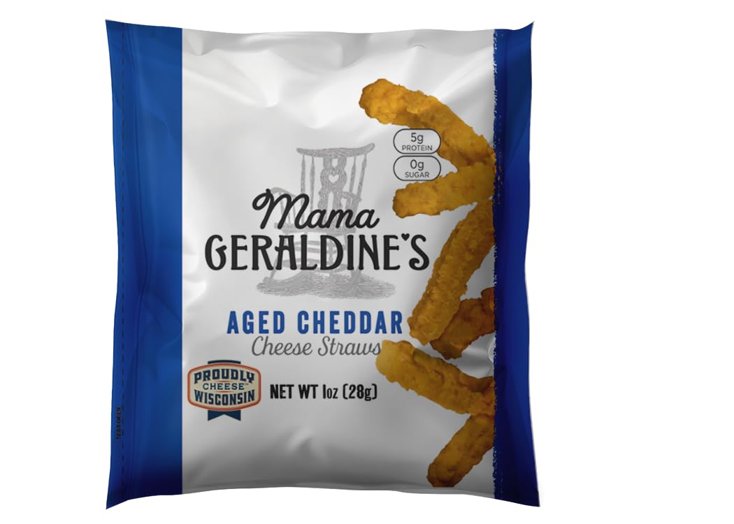 Mama Geraldine's Aged Cheddar Cheese Straws - Protein Packed, Savory and Flavor-Forward, Zero Sugar Low Carb Baked Snack, Crunchy Gourmet Cheese Straws, Bite-Size Appetizer 4.5 oz (4 Pack)