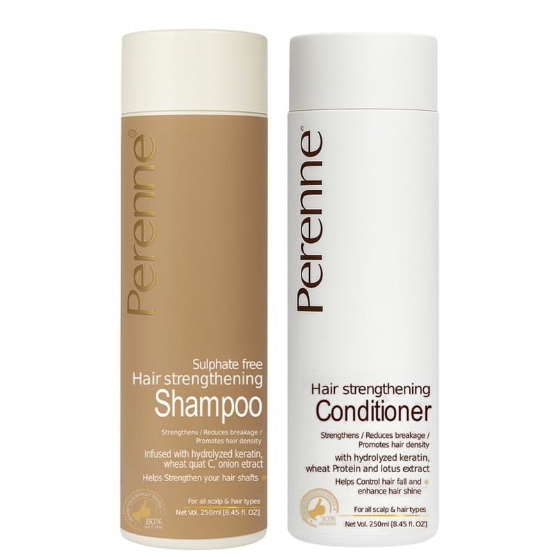 Image of Perenne Anti Hairfall Kit | Hair Strengthening Shampoo + Conditioner | With Keratin, Onion & Wheat Protein | Reduces Hair Fall | Sulphate & Paraben Free | For All Hair Types | 250ml x 2
