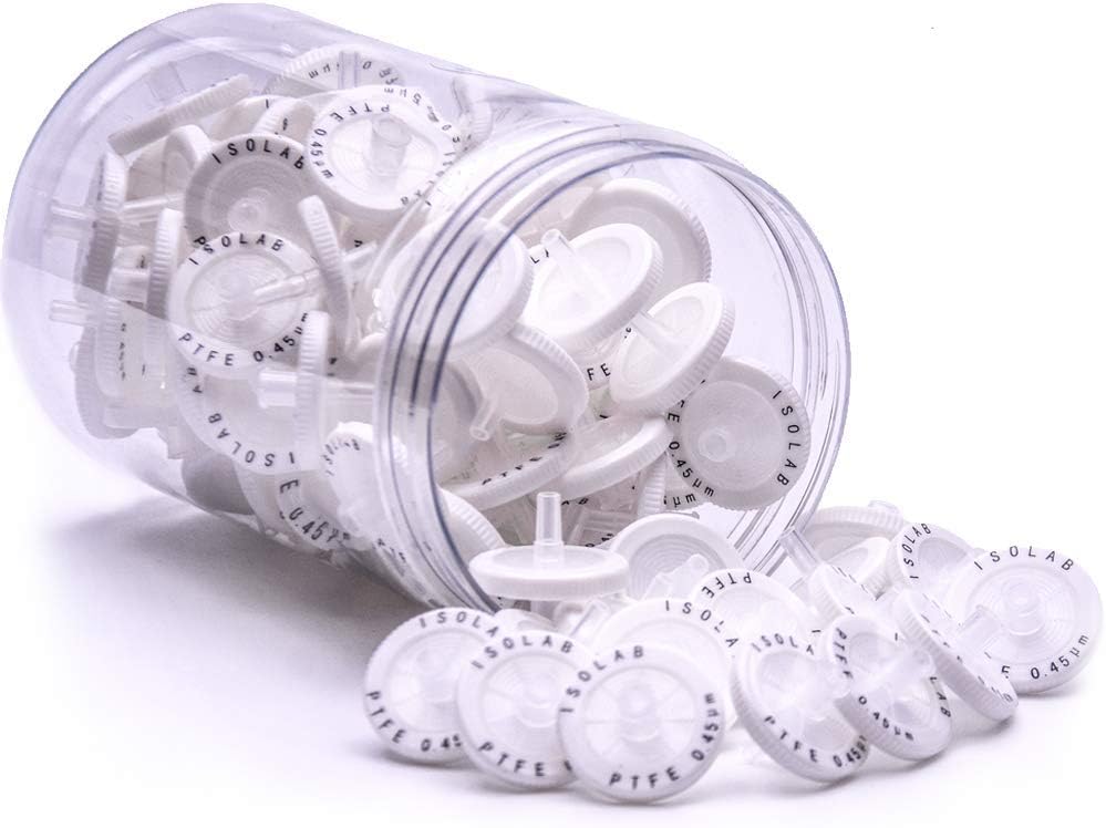 ISOLAB - Syringe Filters. Pack of 100. PTFE Membrane 25mm Diameter 0.45um Pore Size Non Sterile. Chemicals Filtration.