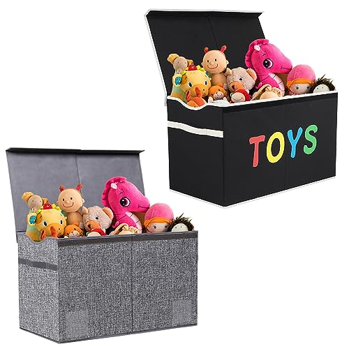 Image of VICTOR'S Kids Toy Box Chest - 2 Pack Large Lightweight Collapsible Toy Storage Organizer Boxes Bins Baskets Black + Dark Grey, 26.8in x 13.8in x 16in…