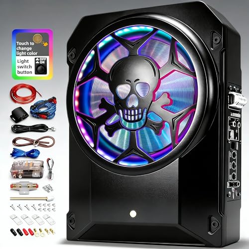 Image of 1600W Car Subwoofer, 10 inch Ultra-Thin Powered Under-Seat Sub with Built-in Amplifier, LPF /Gain /Bass Boost, Touch Control, Physical Switch Rhythm LED Ambient Light, Independent Bass Knob