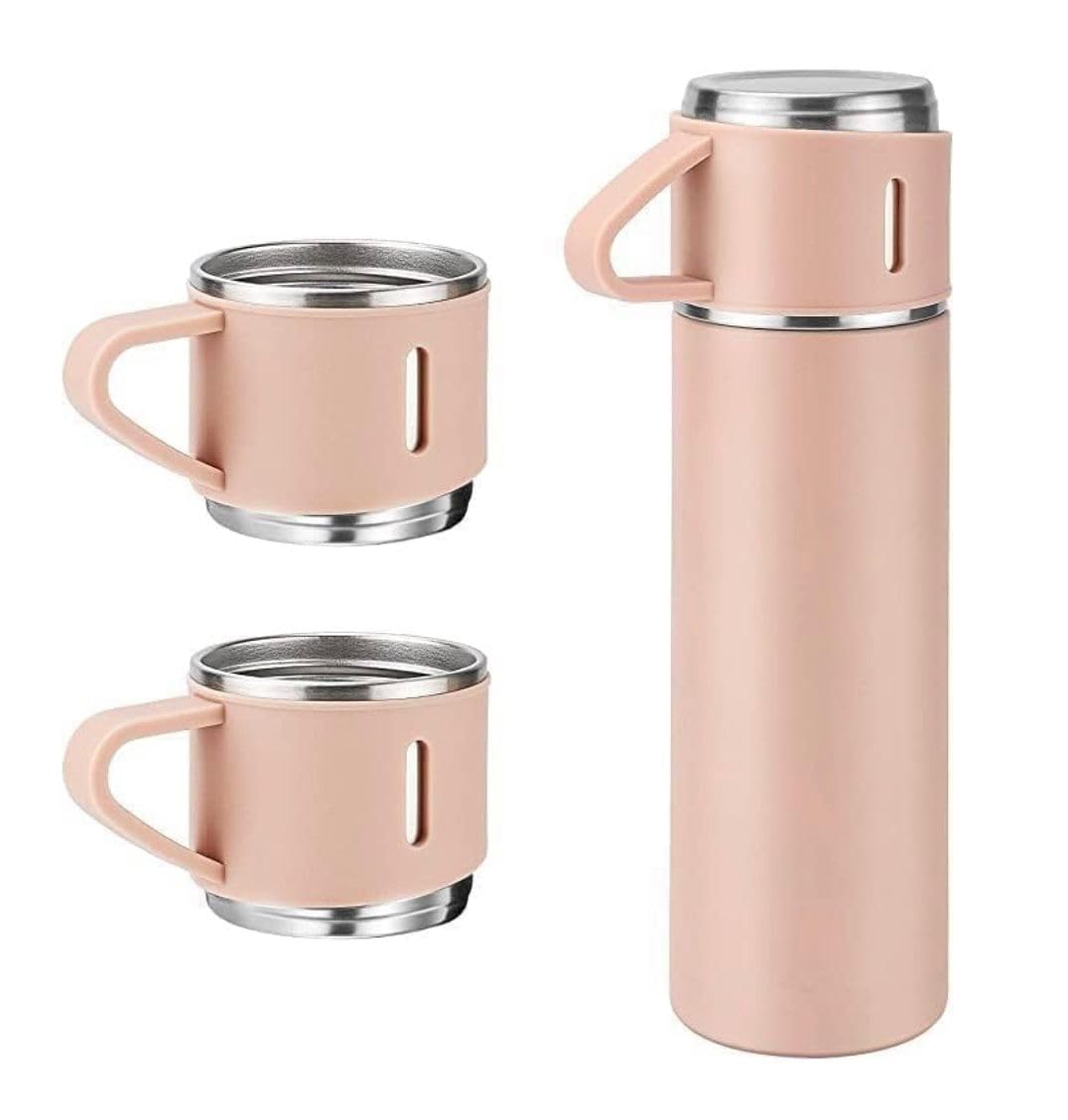 Stainless Steel Vacuum Insulated Flask Set with 3 Stainless Steel Cups Combo (500ml) for Coffee, Hot and Cold Water, Leak Proof, Easy to Carry, Hot Up to 8 Hours and Cold Up to 12 Hours (Pink) (B0D5YKWKLR) Amazon Price History, Amazon Price Tracker