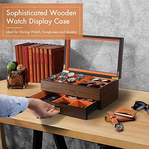 ikkle Wooden Watch Box for Men,Solid Wood Watch Display Case with Valet Drawer,2-Layer Luxury Jewelry Organizer with Real Glass Top ,Storage Gift Box for Watches, Sunglasses, Rings, Cufflinks etc
