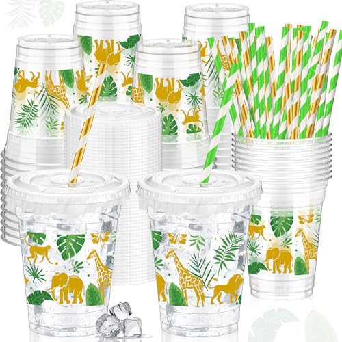 FoldTier 50 Pcs Jungle Safari Theme Cups with Lids Straws, 12 oz Plastic