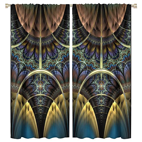 Abstract Window Curtains,Vintage Dark Orange Fractal Flower Colorful Geometric Shapes Blackout Window Door Curtains for Living Room Bedroom Hotels Decor,2 Panels W63xL72in