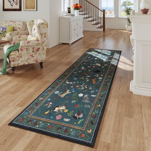 Runner Rug for Kitchen Non Slip 2'6''x8' Washable Rugs with Rubber Backing Soft Floral Animal Cat Carpet Runner for Kitchen Laundry Bedroom Bathroom, Pearl Gentian Blue