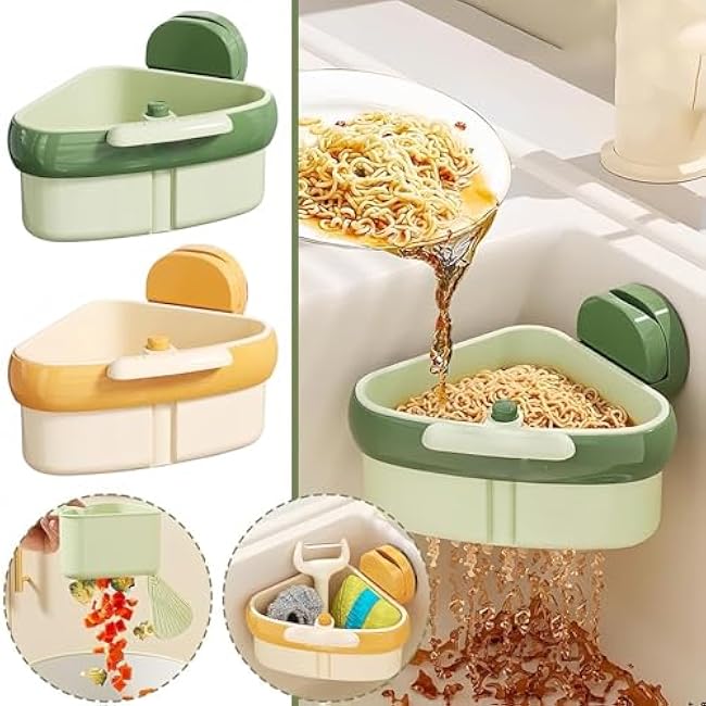 Suction Cup Sink Corner Rack, Press Automatic Dumping Sink Strainer Basket, Space-Saving Kitchen and Bathroom Organizer for Kitchen Bathroom Dishware (Yellow + Green,2Pcs)