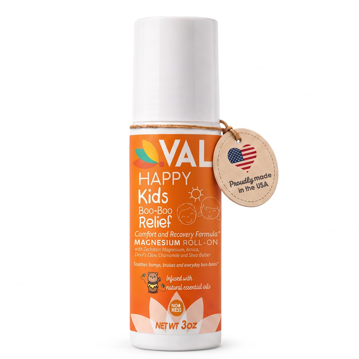VAL Boo-Boo Kids Pain Relief Magnesium Roll-On with Arnica, Chamomile & Zechstein Magnesium | Natural Soothing Formula for Bumps & Bruises | 3 oz