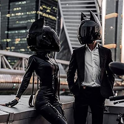 Personalized Full Face Cat Bat Ear Bluetooth Motorcycle Helmet Black Cool Adults Men Woomen Locomotive Helmet, DOT Approved, Comfortable Breathable Scooter Moped Cruiser Jet Chopper Helmets, S-XXL