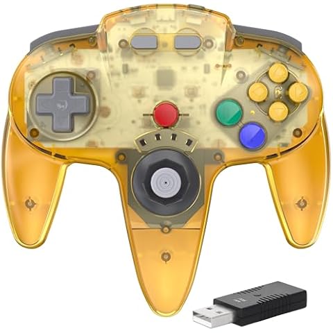 2.4 GHz Wireless N64 Switch Online Controller, USB Receiver, Compatible with Windows PC Laptop iOS Mac Raspberry Pi, Switch Online/NSO - (Rechargeable) (Plug and Play) Clear Yellow Cover
