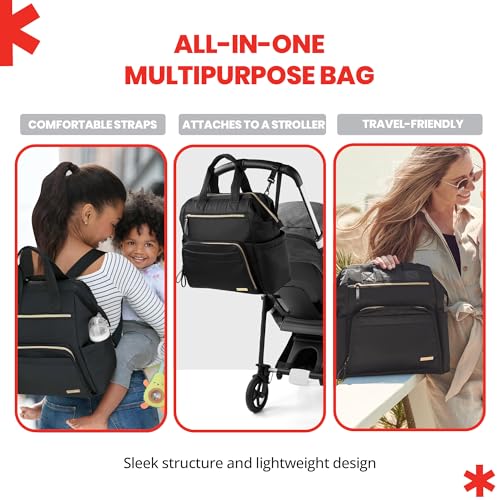 Image of Skip Hop Diaper Bag Backpack: Mainframe Large Capacity Wide Open Structure with Changing Pad & Stroller Attachement, Black with Gold Trim, 14.25x6.25x14.75 Inch (Pack of 3)