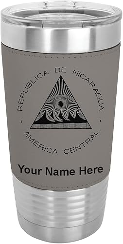 LaserGram Vaso aislado al vacío de 20 onzas bandera de Nicaragua grabado personalizado incluido piel sintética gris