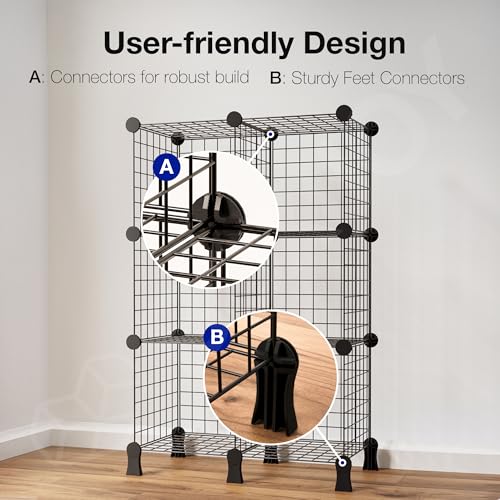 Image of BOXJOY 6 Shelf Metal Grid Open Book Shelf & Showcase Rack for Living Room Display with Bottom Stand | DIY Modular Bookshelf Organizer for Home Bedroom Office | Cabinet Organiser Self Storage (Black)